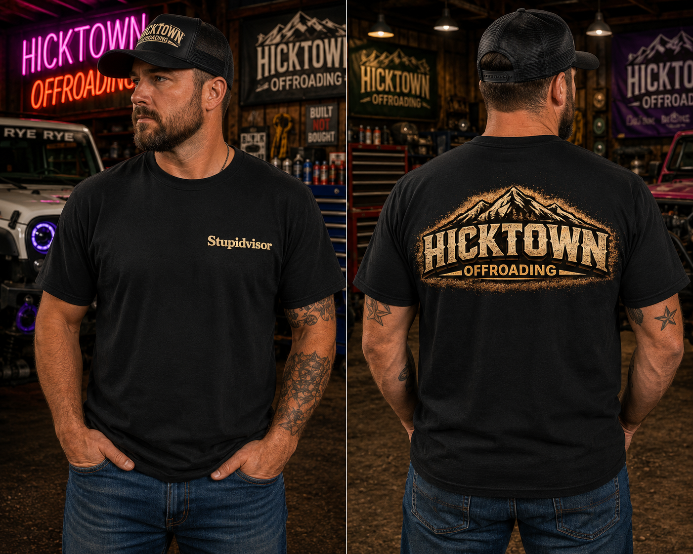 Hicktown Offroading T-Shirt — 'Stupidvisor' Chest Logo, Back Graphic